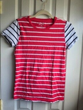 J. Crew Striped Slub Cotton Tee in coral, navy and white.